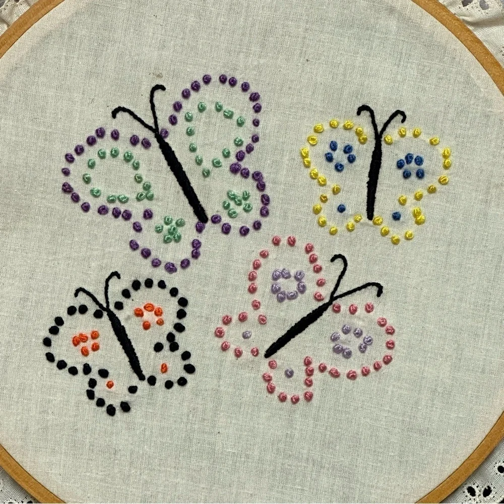 Butterflies Flower Needlepoint Handmade Art Framed Ruffles 3 Pieces Vintage